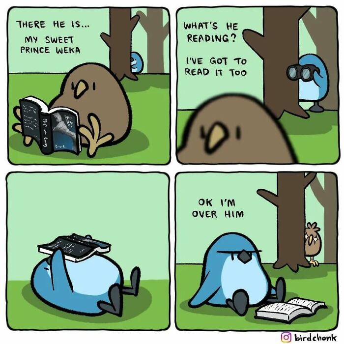 Birdchonk comic: bird spies on another bird reading, then loses interest with book on face.