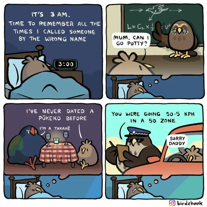 Cartoon birds in humorous, relatable reversed roles, featuring insomnia, school, dating, and traffic stop scenarios by Birdchonk.