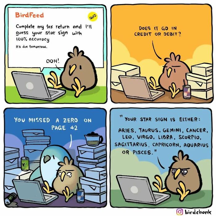 Birdchonk comic of birds humorously managing tax returns with reversed roles, surrounded by paperwork and laptops.