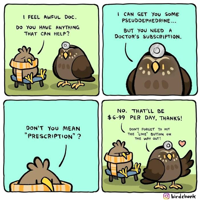 Birds in reversed roles comic by Birdchonk: one bird acting as a doctor giving comical advice to another bird.