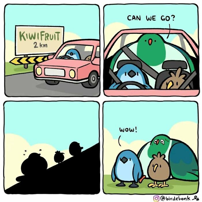 Birds driving a car to a kiwi fruit location, with a surprised reaction. Comic by Birdchonk.