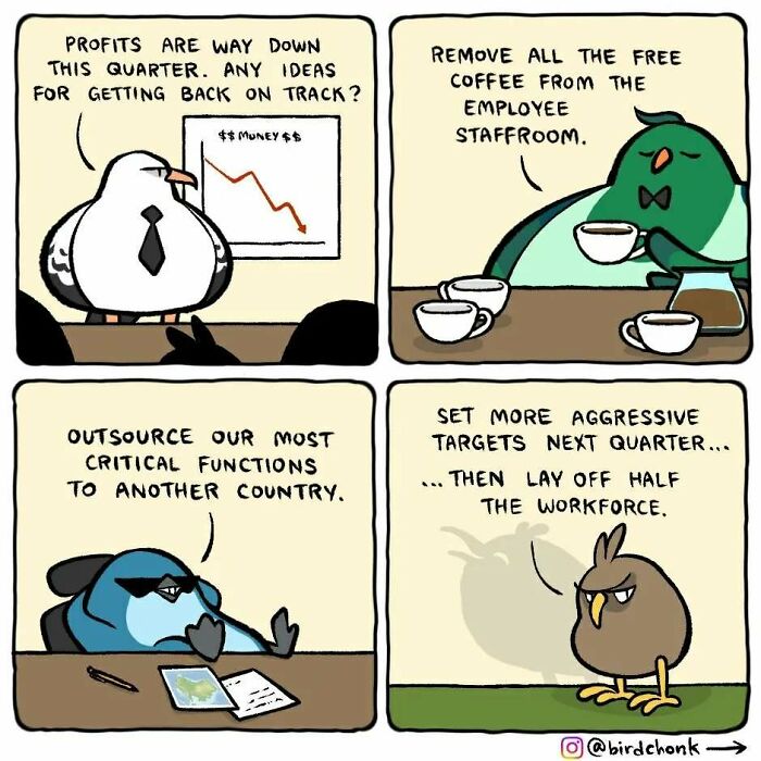 Birdchonk comic: birds in a meeting discuss humorous business strategies with reversed roles.