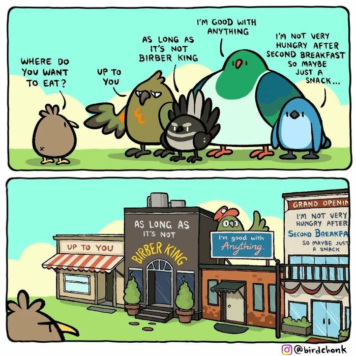 Birds discussing food choices in a comic by Birdchonk, humorously reversing roles with bird-themed restaurant signs.