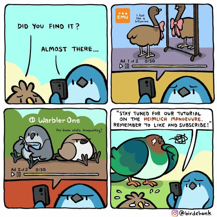 Birds humorously watch ads on phones in a comic strip by Birdchonk, reversing typical roles.