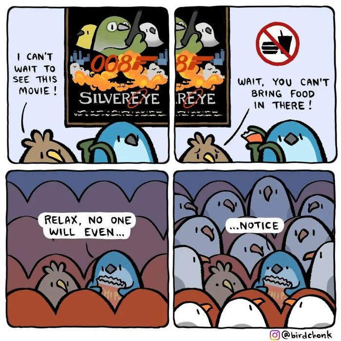 Birds with reversed roles enjoy a movie while sneaking in snacks; a Birdchonk comic.