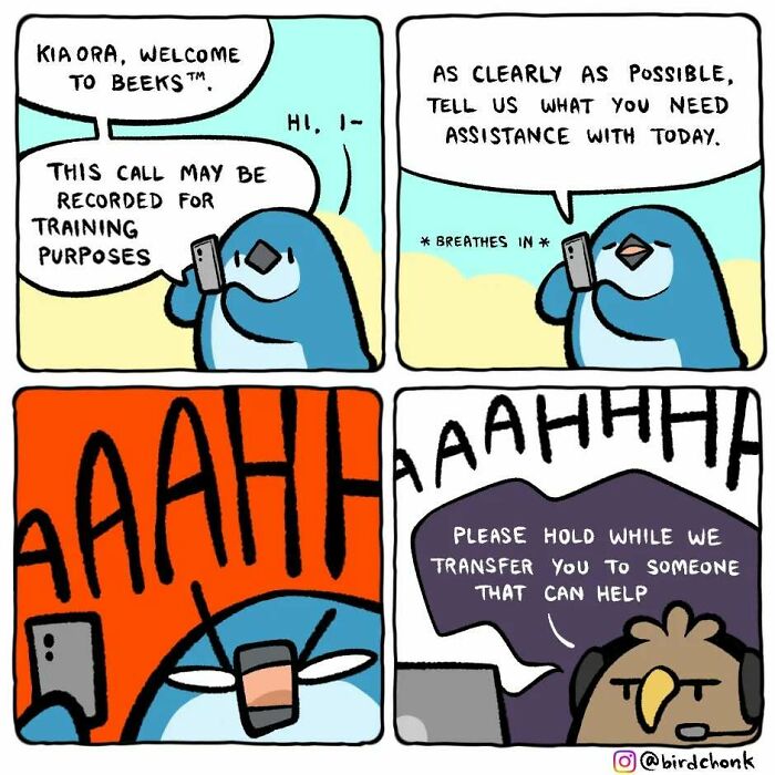 Comic strip with birds on a phone call, humorously depicting reversed roles in customer service by Birdchonk.