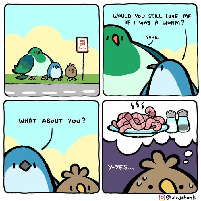 Birds in a comic by Birdchonk discuss love, with one imagining worms as a meal.