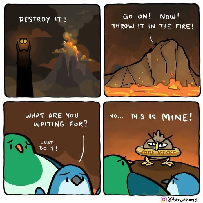Birds reversing roles in a humorous comic by Birdchonk, featuring a ring being debated over in a fantasy-like setting.