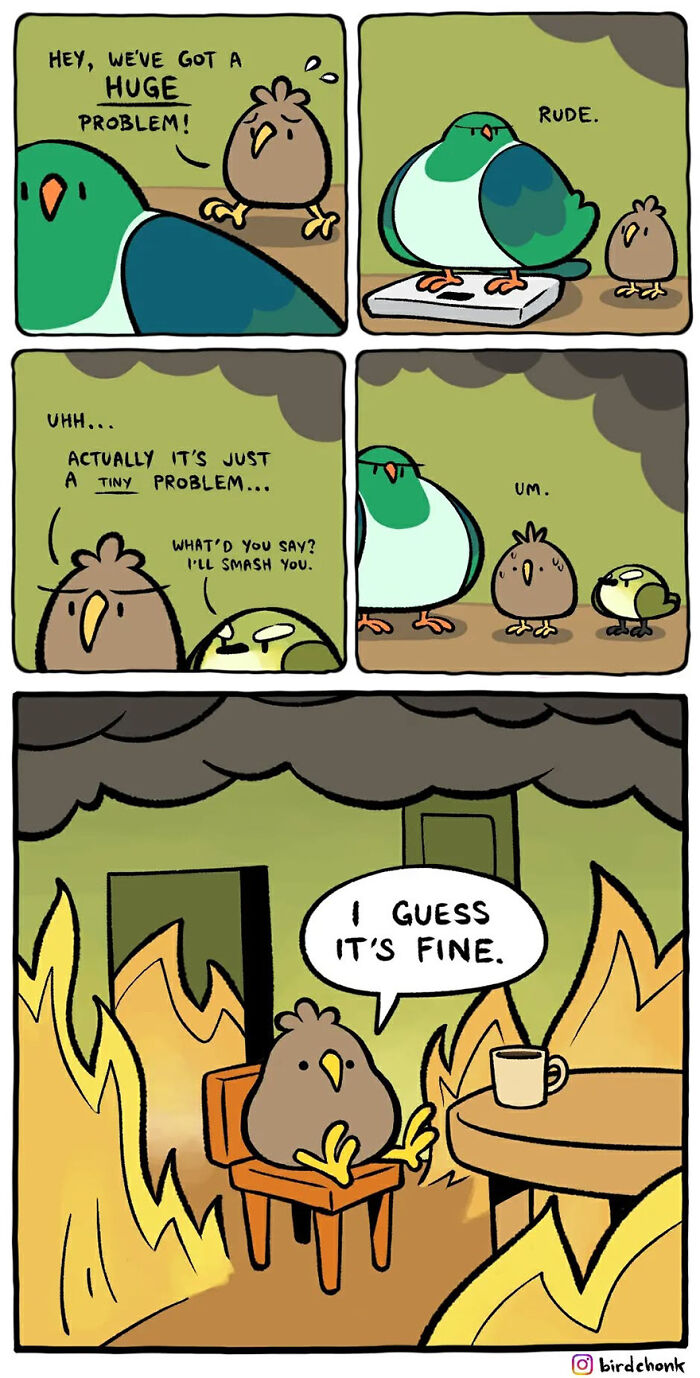 Comics with birds in reversed roles, featuring a humorous problem-solving scenario by Birdchonk.