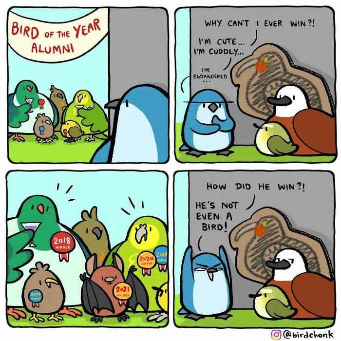 Funny comic of birds with reversed roles; a snake wins Bird of the Year, leaving the actual birds puzzled and upset.