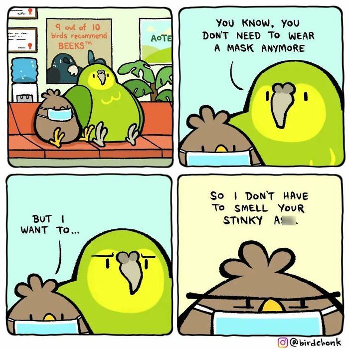 Comics featuring birds in reversed roles by Birdchonk, one bird comically wearing a mask despite not needing to.