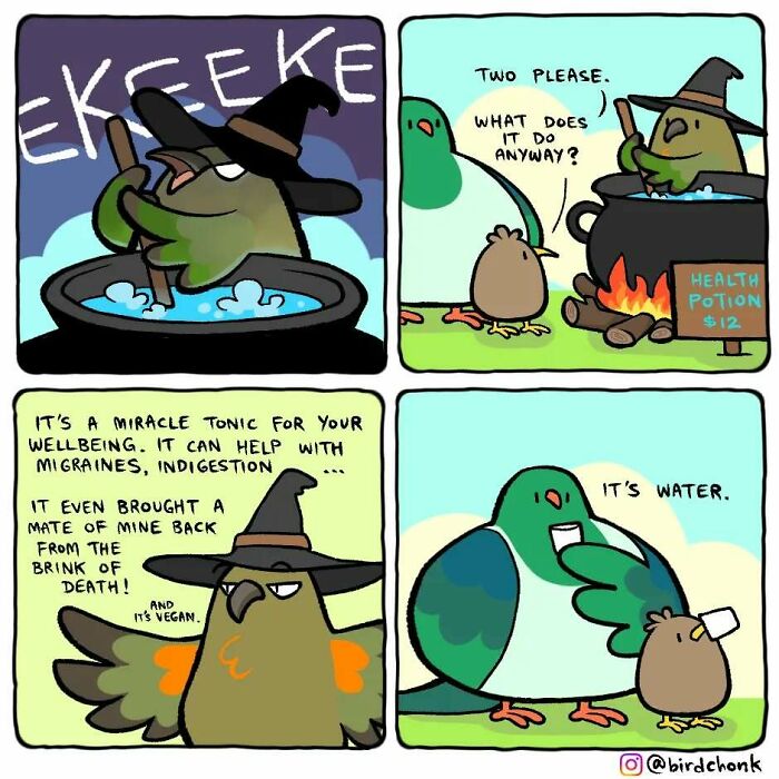 Comic by Birdchonk with birds selling and testing a "health potion" that is just water.