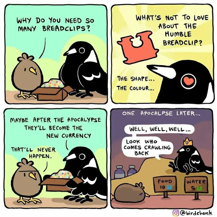 Birds discussing breadclips as currency in a comic by Birdchonk.