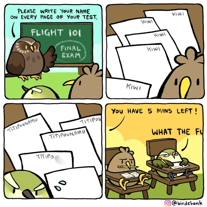 Comical scene of birds taking an exam with funny role reversal, by Birdchonk, highlighting relatable humor in comics.