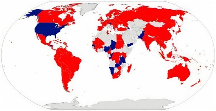 World map with countries in red and blue, illustrating interesting charts globally.