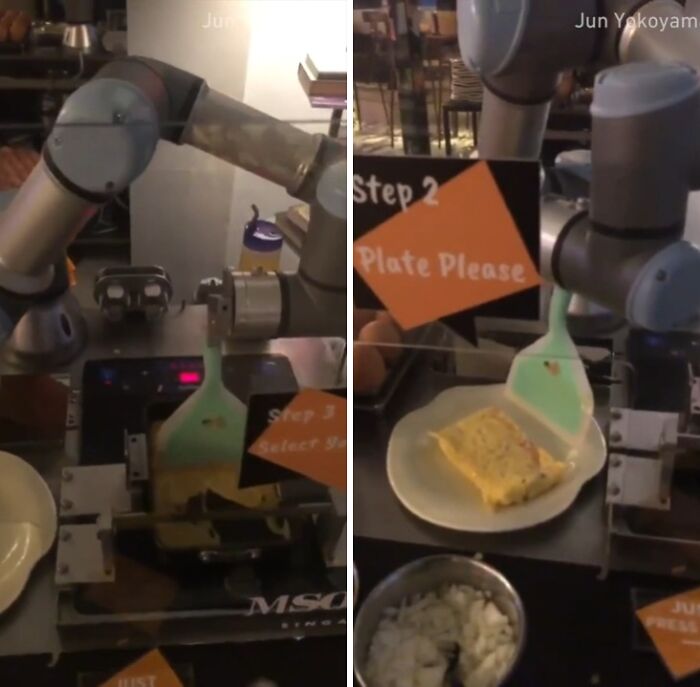 A robotic arm cooking omelette, showcasing tourist-interesting experiences with automated cooking technology.