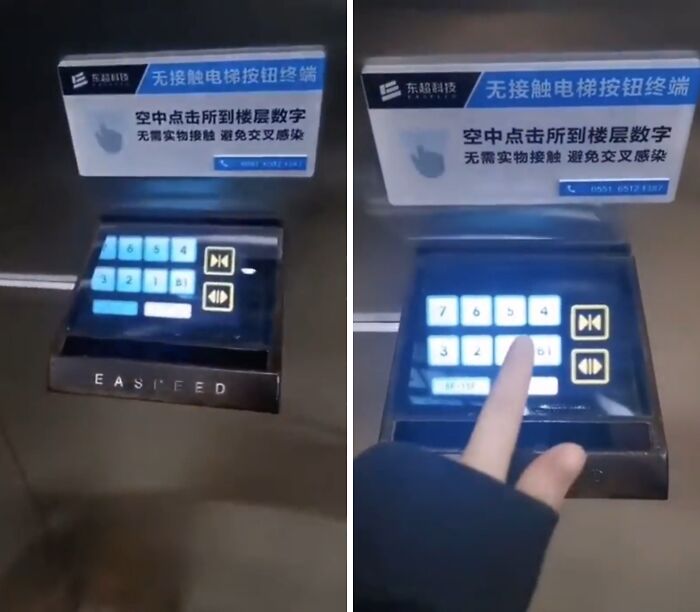 Touchless elevator panel displaying buttons, a tourist-interesting-experience with a user’s finger selecting a floor.