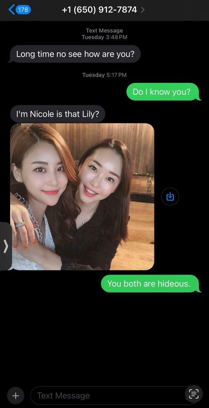 Text exchange screenshot with humorous scammer response about identity.