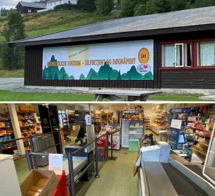 Rural self-service shop exterior and interior for Tourist-Interesting-Experiences with groceries and checkout area.