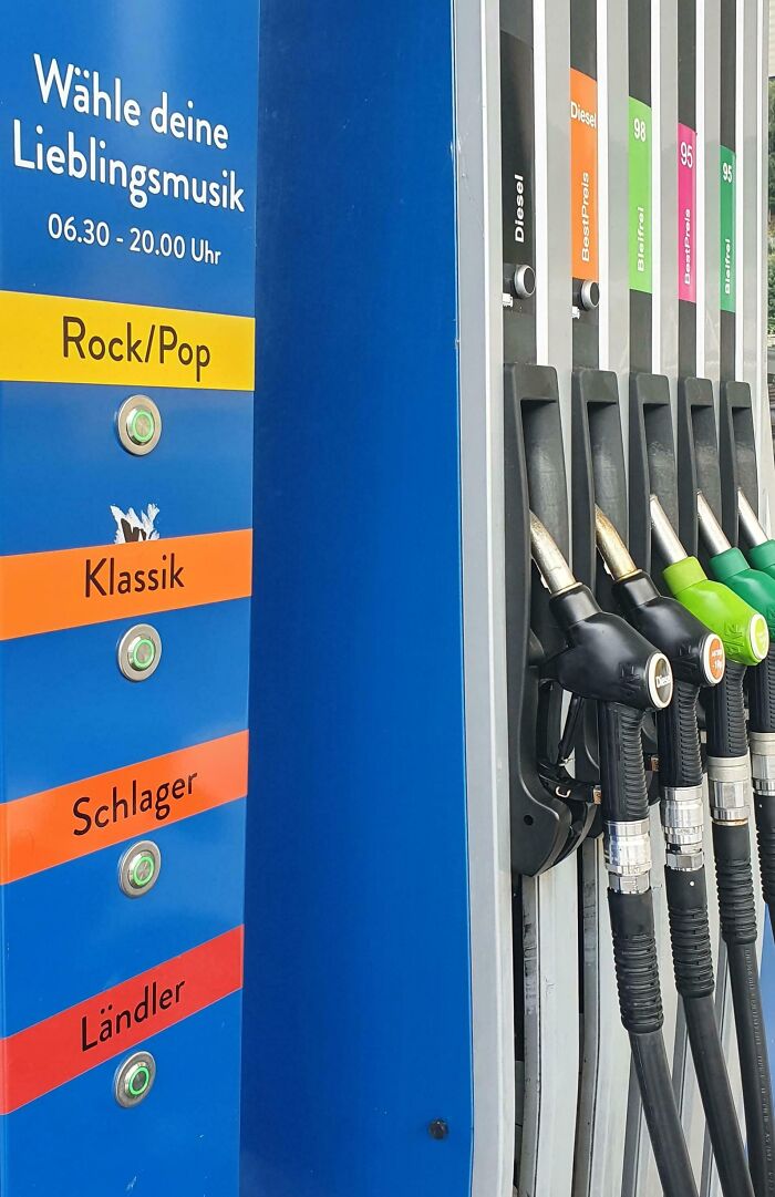 Gas station playing music for a unique tourist experience with rock, classic, schlager, and ländler options.