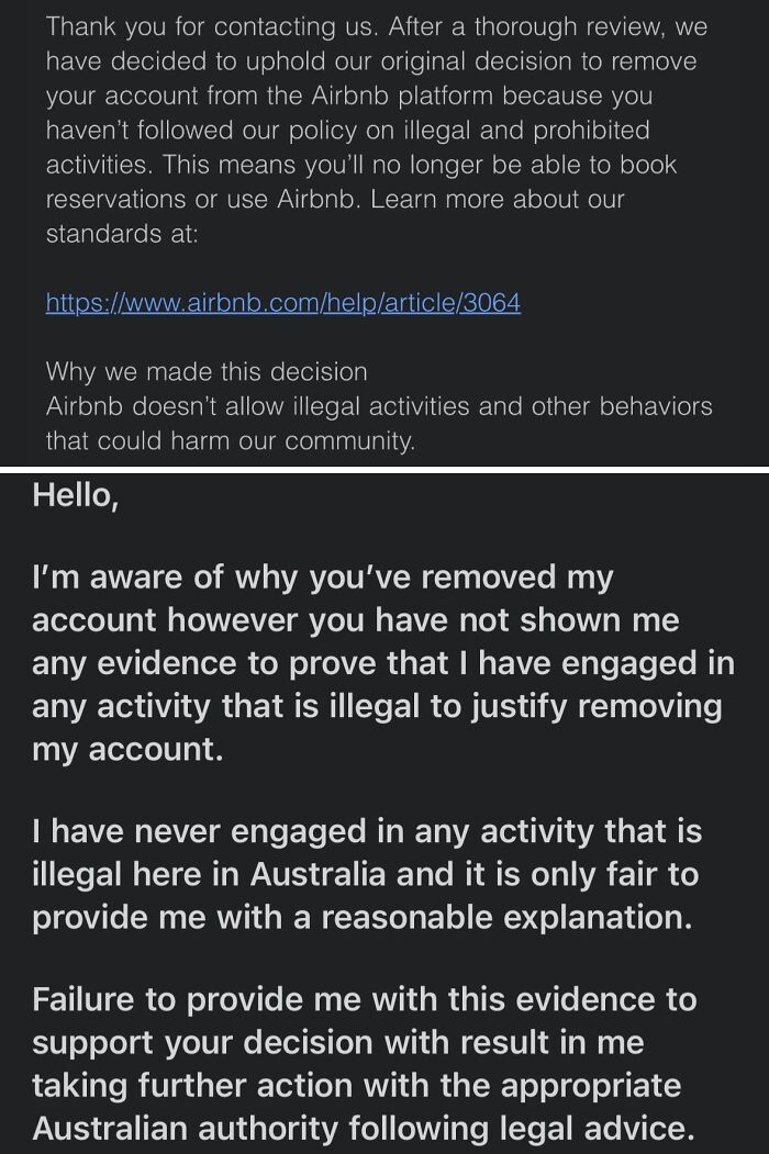 Airbnb account removal dispute over infuriating cancelled reservations.