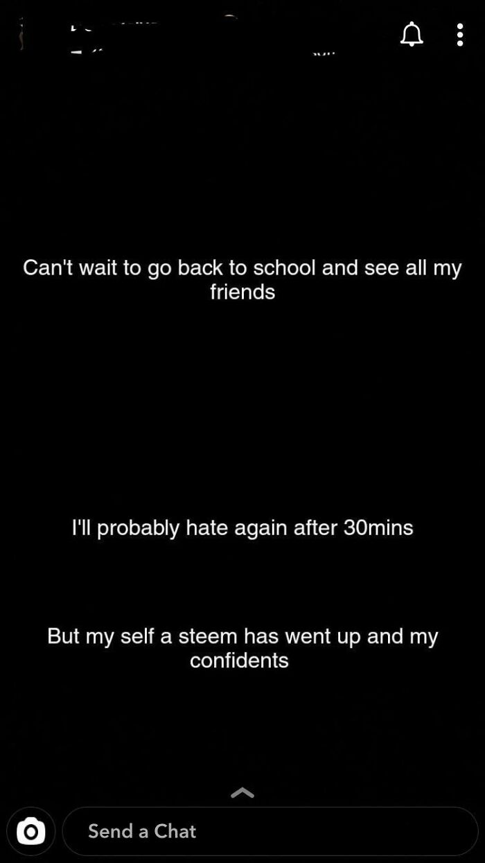 Text with ridiculous word spellings highlighting grammar mistakes, including "self a steem" and "confidents."