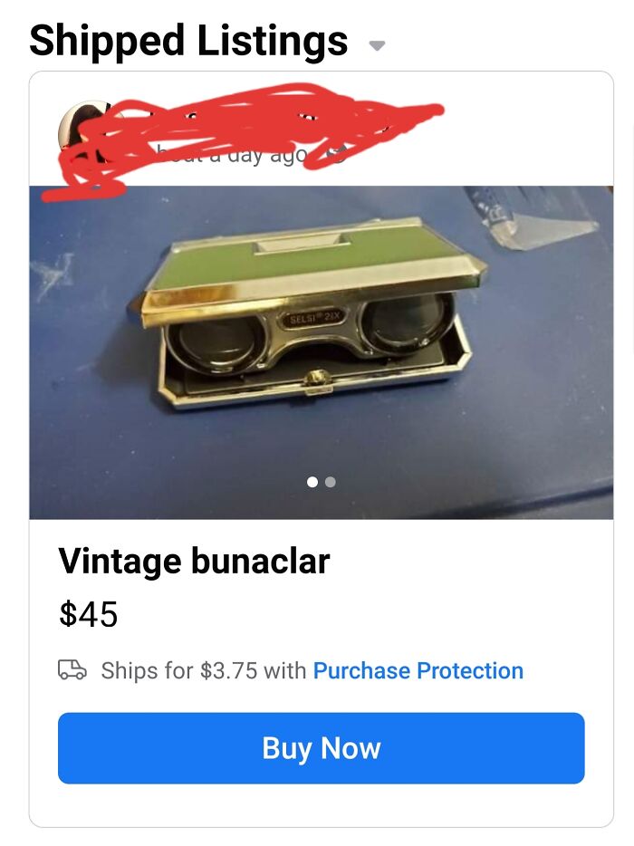 Vintage field glasses labeled as "bunaclar" spelling error for sale online, priced at $45.