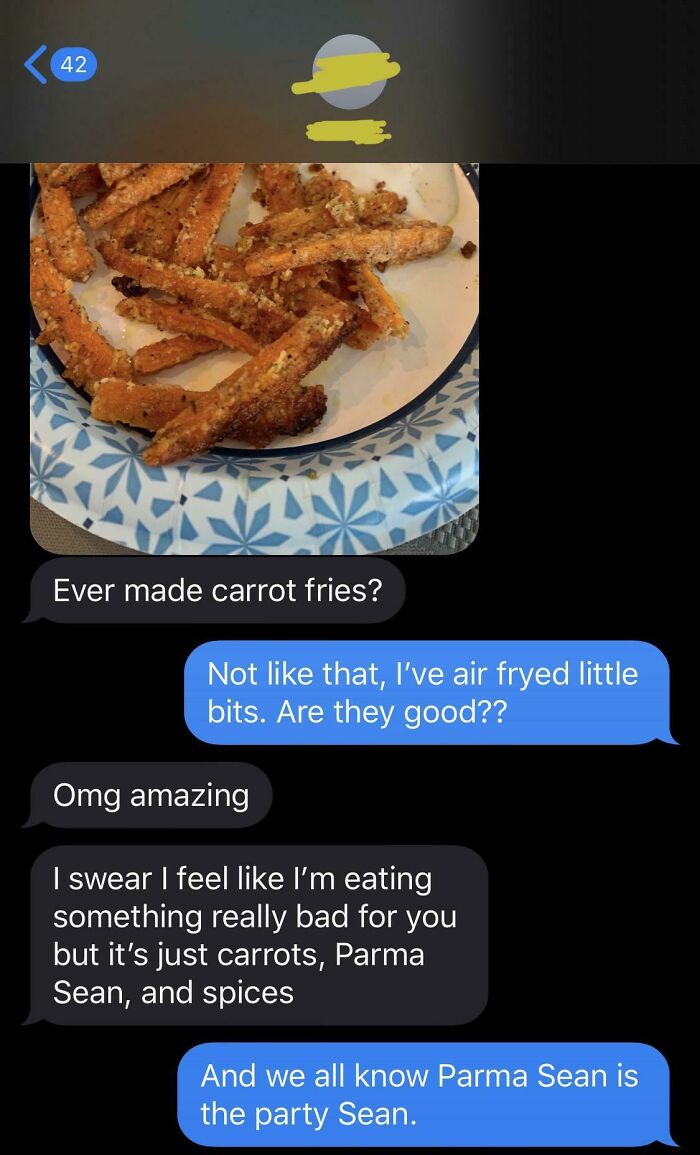 Text message exchange about carrot fries with humorous misspelling, "Parma Sean," making grammar police cringe.