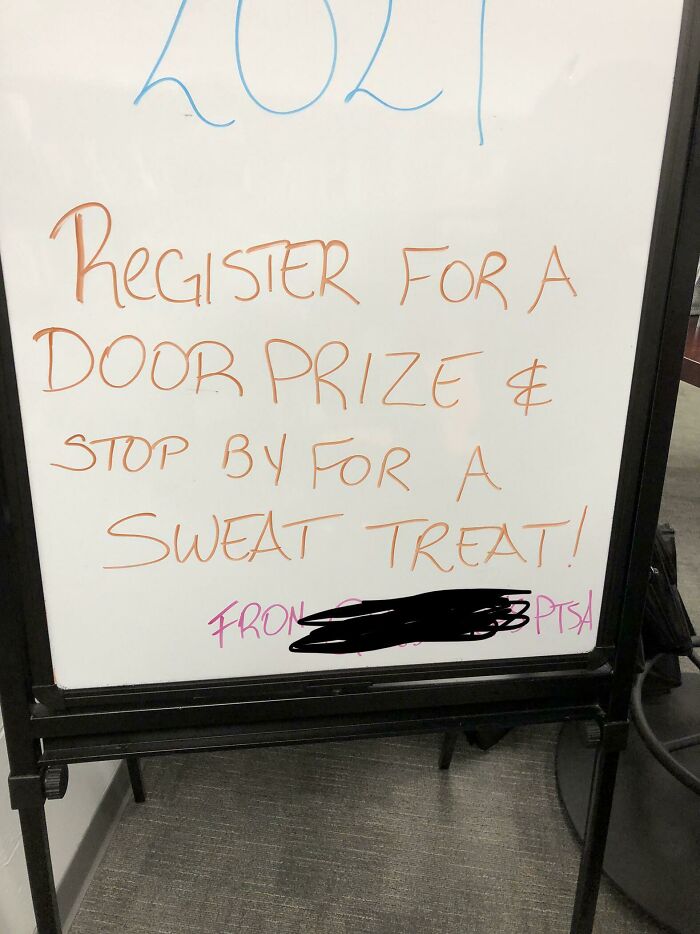 Whiteboard with spelling errors: "sweat treat" instead of "sweet treat"; makes grammar police cringe.