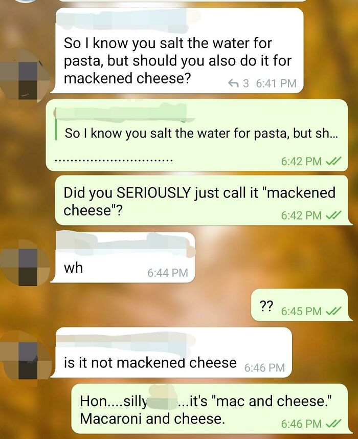 Text messages about a spelling mistake, humorously confusing "mac and cheese" with "mackened cheese."