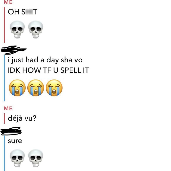 Text conversation with emojis, highlighting ridiculous word spelling confusion.