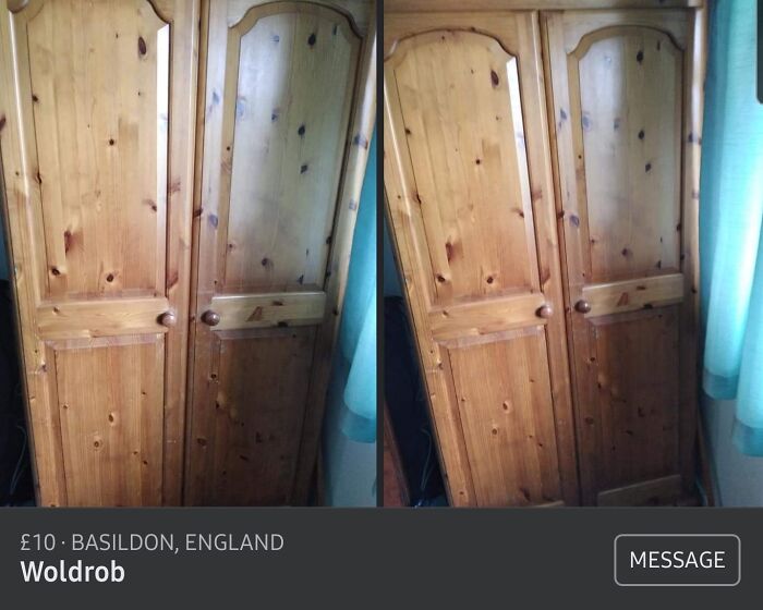 Wooden wardrobe for sale in Basildon, incorrectly spelled as "Woldrob," making grammar enthusiasts cringe.