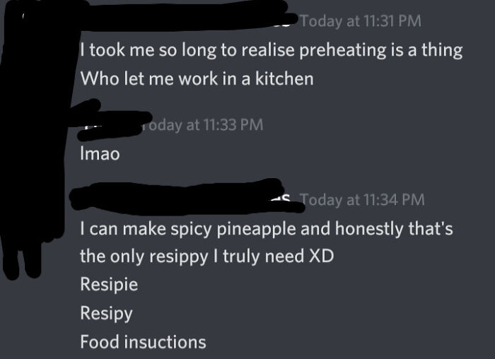 Chat showing ridiculous word spellings like "resippy," "respipie," and "insuctions" that make grammar police cringe.