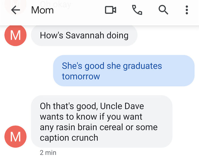 Text exchange with grammar cringe: "Uncle Dave wants some rasin brain cereal or caption crunch."