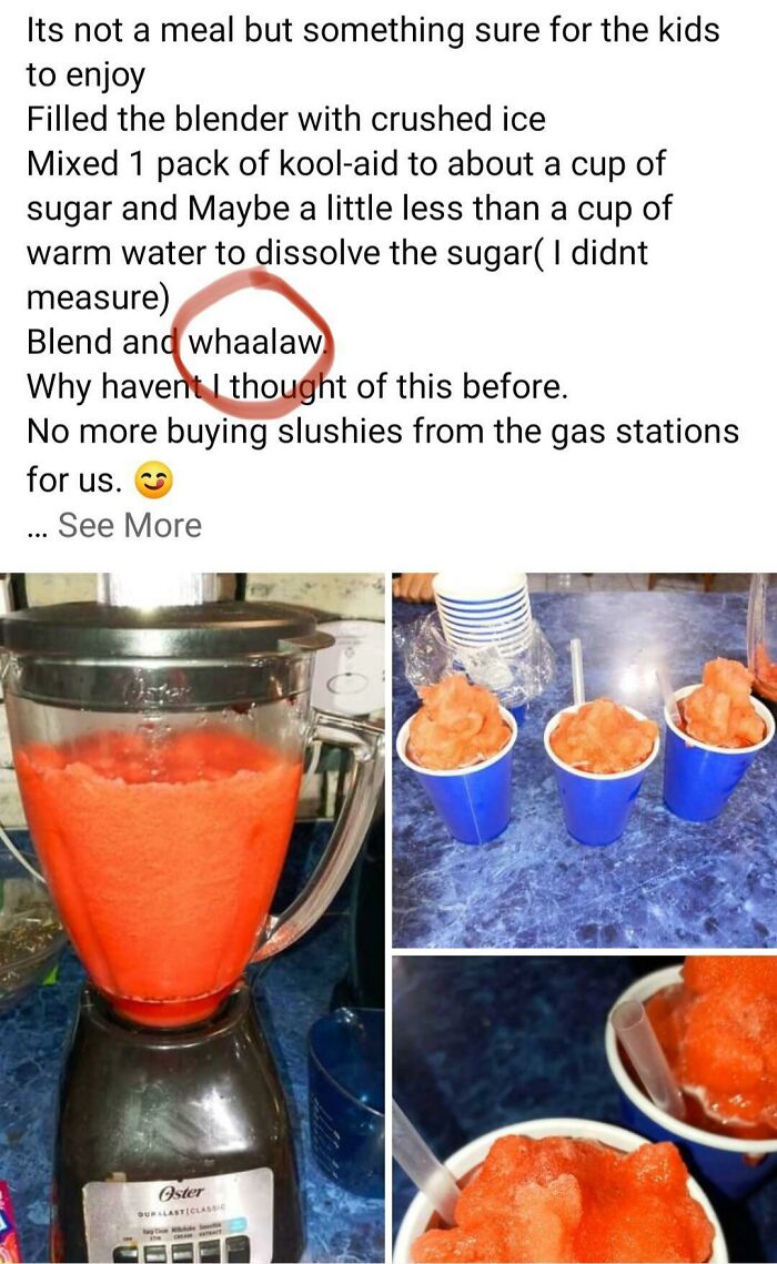 Blender filled with red slushie and misspelled "whalaaw" circled on recipe, amusing grammar police.