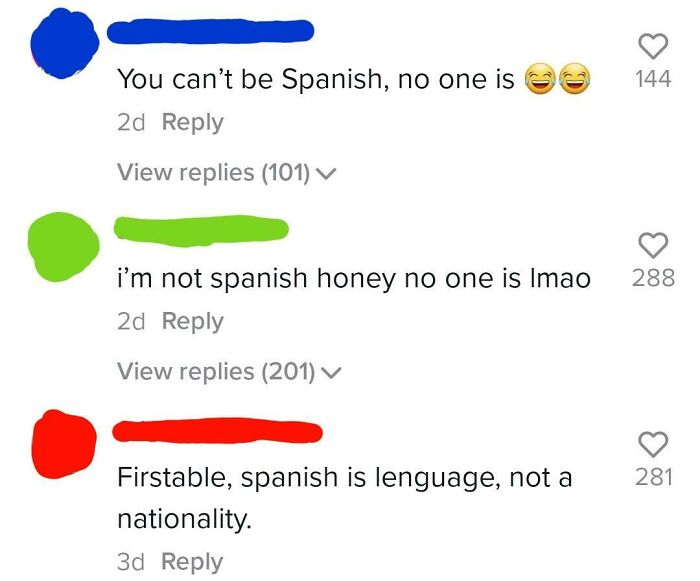 Comments with ridiculous word spellings, including misspellings of "Spanish" and "language."