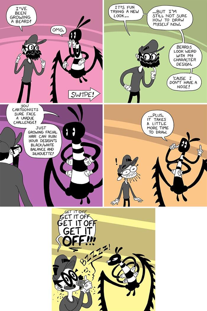 Retro-style comic strip by Canetoonist about a character struggling with a beard and character design challenges.