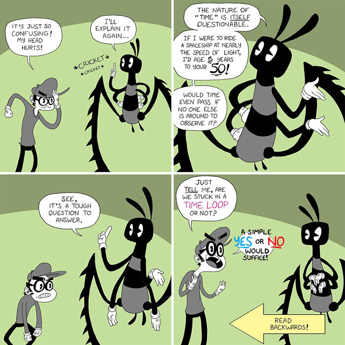 Retro-style comic with a person and an insect discussing time loops and relativity in a lighthearted way.