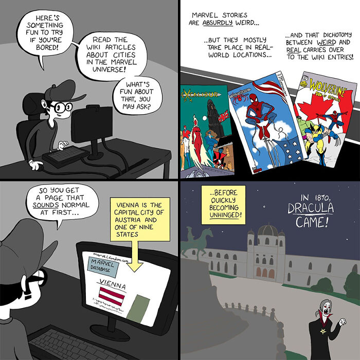 Retro-style comic strip by Canetoonist exploring Marvel universe cities, featuring Vienna and Dracula in a lighthearted tone.