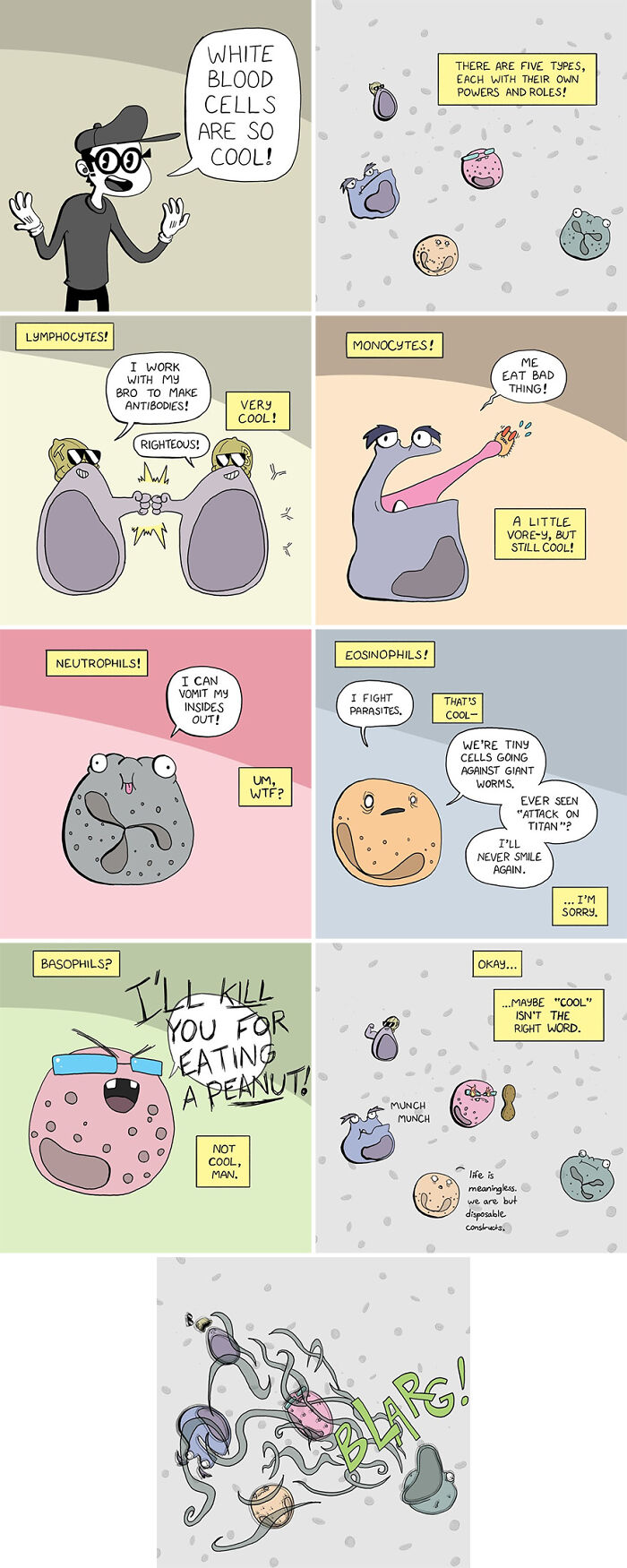 Retro-style comic featuring white blood cells with lighthearted dialogue and colorful illustrations by Canetoonist.