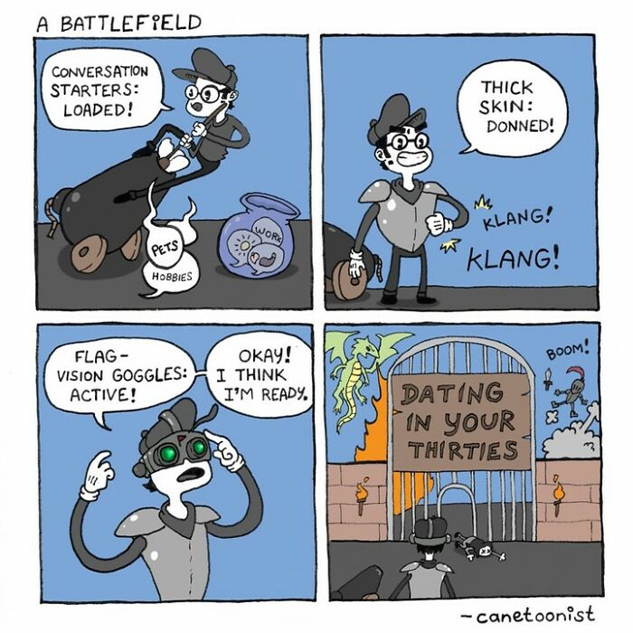 Comic by Canetoonist showing a person preparing for "dating in your thirties" battlefield-style with armor and goggles.