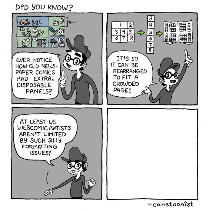 Retro-style comic by Canetoonist humorously discussing newspaper comic formatting issues with rearrangeable panels.