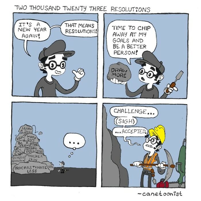 Retro-style comic by Canetoonist about New Year's resolutions with a character humorously preparing for a challenge.