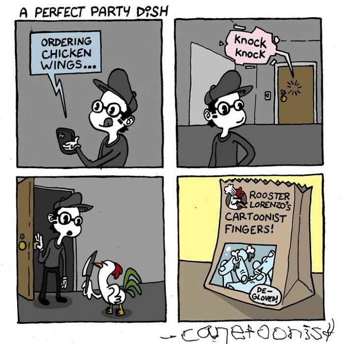 Comic strip by Canetoonist showing a person ordering chicken wings, answered by a chicken delivering a bag of cartoonist fingers.