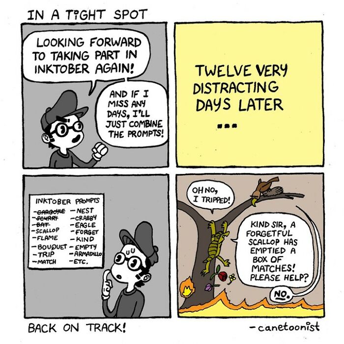Retro-style comic by Canetoonist featuring Inktober prompts and a humorous mishap.