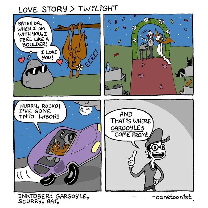 Retro-style comic by Canetoonist showing a humorous love story with a bat and a rock.