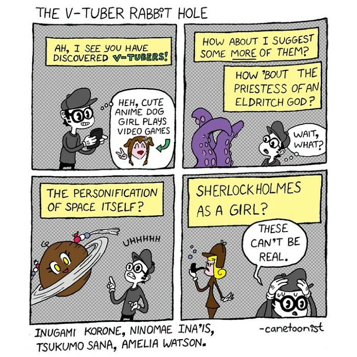 Retro-style comic by Canetoonist depicting a humorous exploration of V-Tubers with quirky, imaginative characters.