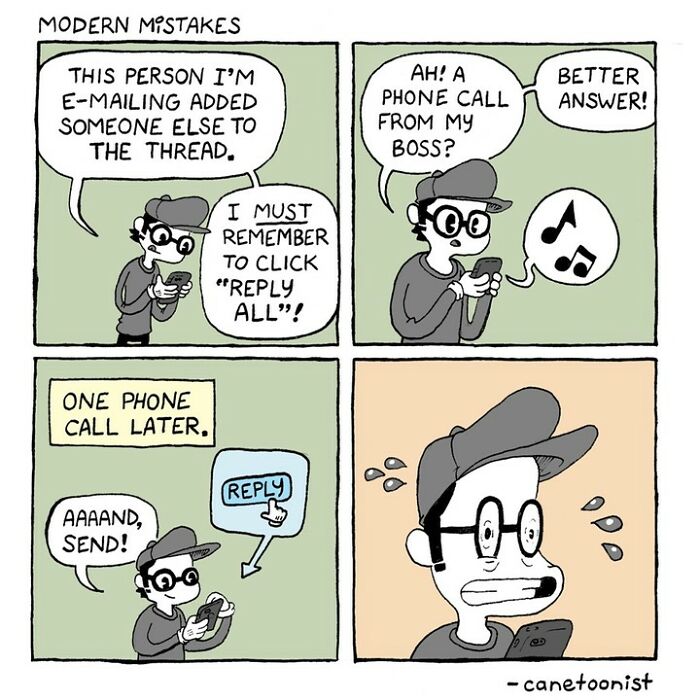 Retro-style comic by Canetoonist showing a character making a phone call and using "reply all" for emails.