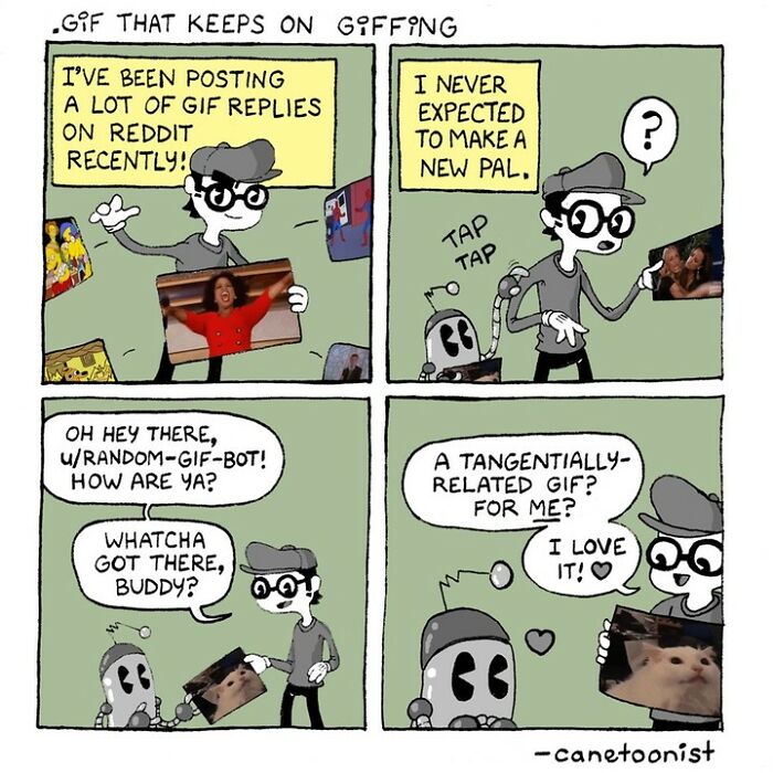 Retro-style comic by Canetoonist depicting a character interacting with a GIF-bot, exchanging humorous GIFs.