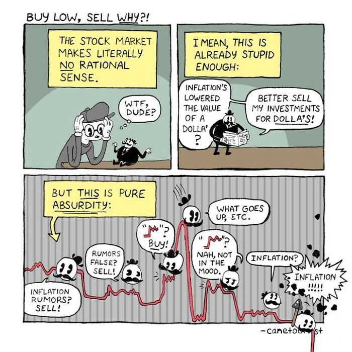 Retro-style comic by Canetoonist humorously depicting stock market confusion with cartoon characters.